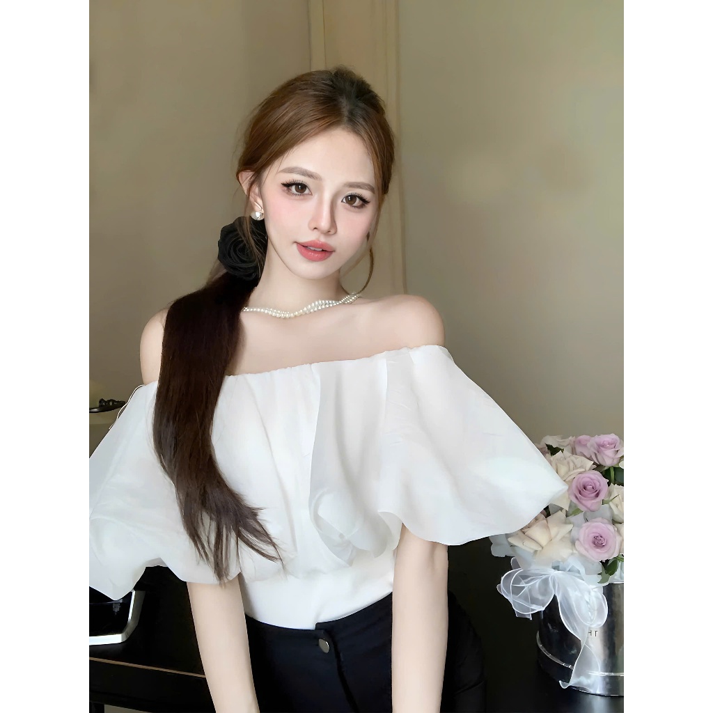 Áo Trễ Vai Tay Bồng Dáng Ngắn Bánh Bèo Chất Liệu Tơ Xốp | BigBuy360 - bigbuy360.vn
