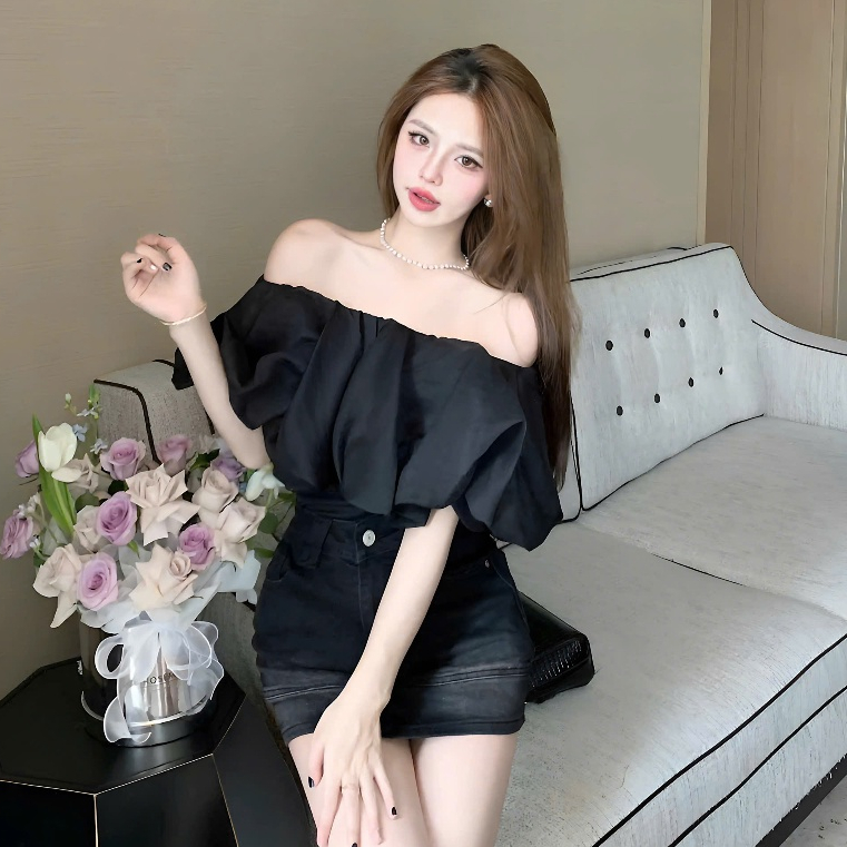 Áo Trễ Vai Tay Bồng Dáng Ngắn Bánh Bèo Chất Liệu Tơ Xốp | BigBuy360 - bigbuy360.vn