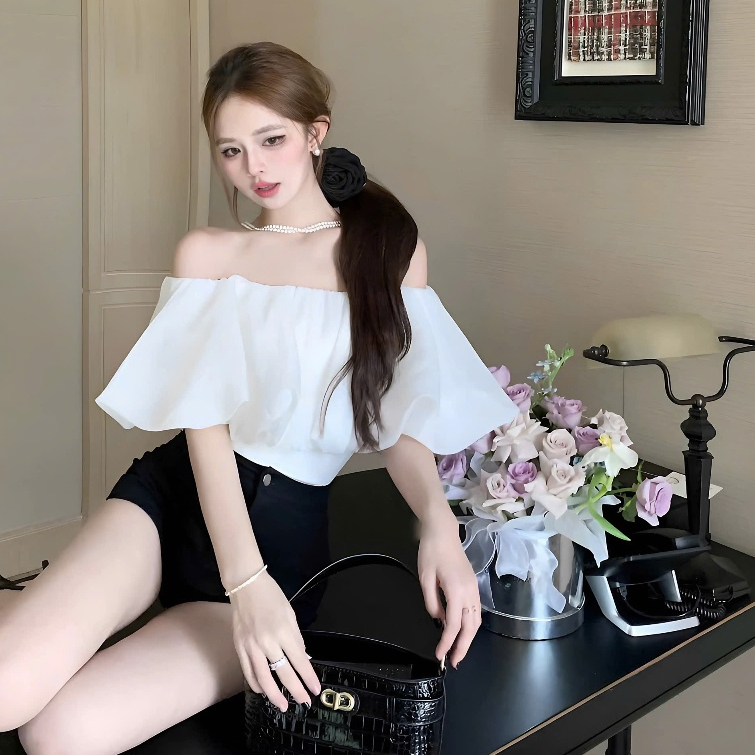 Áo Trễ Vai Tay Bồng Dáng Ngắn Bánh Bèo Chất Liệu Tơ Xốp | BigBuy360 - bigbuy360.vn