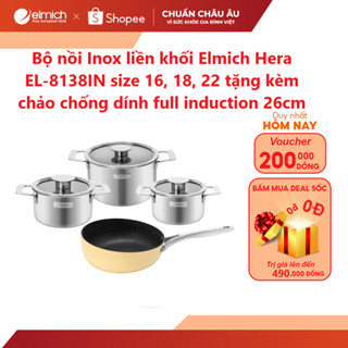 Bộ nồi Inox liền khối Elmich Hera EL-8138IN size 16, 18, 22 tặng kèm chảo chống dính full induction 26cm