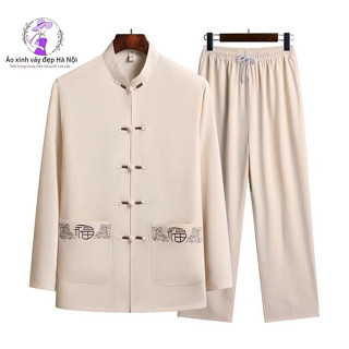 Bộ cổ tàu nam dài tay, Bộ trung niên nam chất liệu đũi, Quần áo pháp phục cho nam giới hoạ tiết túi thêu nhã nhặn