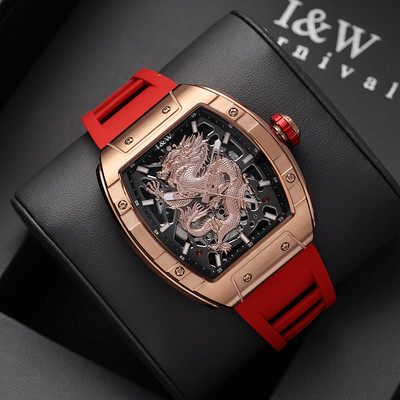 Đồng hồ nam chính hãng I&W Carnival Rồng 787G1-S4 kính chống xước, chống nước 50m, máy cơ (automatic),dây cao su đỏ xịn