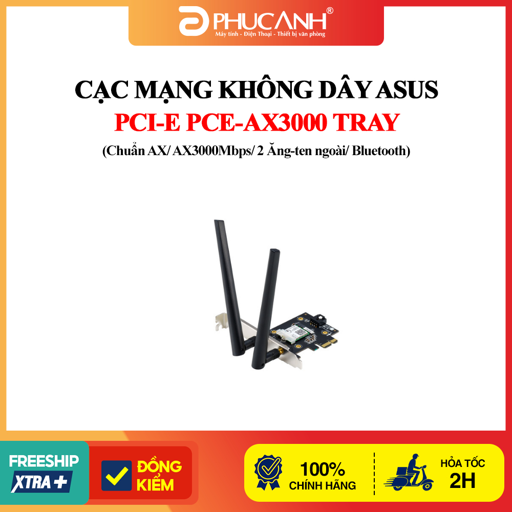 Cạc mạng không dây Asus PCI-E PCE-AX3000 Tray (Chuẩn AX/ AX3000Mbps/ 2 Ăng-ten ngoài/ Bluetooth)