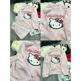 Bộ đồ ngủ nhung mùa đông, bộ quần áo ở nhà nhung dày màu hồng HelloKitty ngọt ngào ấm áp
