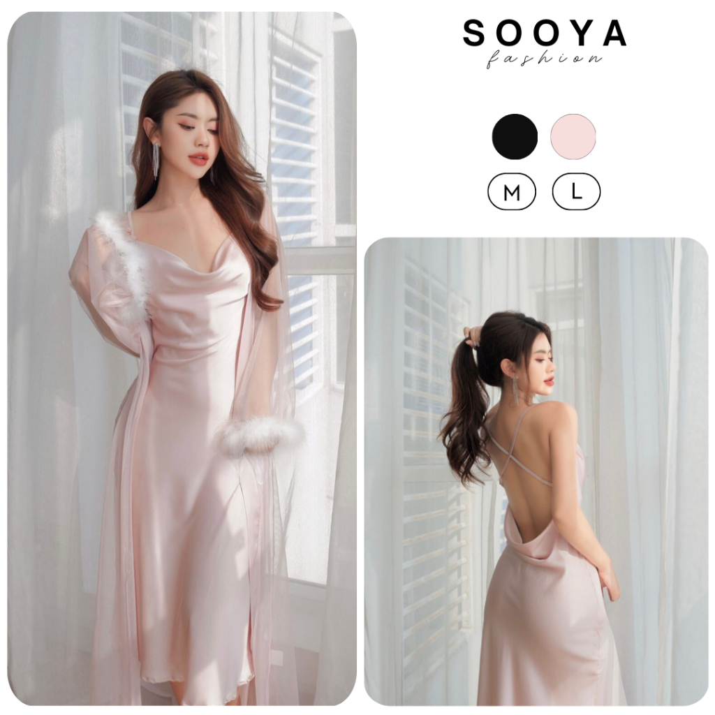 Set Váy Ngủ Lụa Cao Cấp Sooya Dáng Dài, Áo Choàng Đính Lông, Phong Cách Quyến Rũ, Sang Trọng