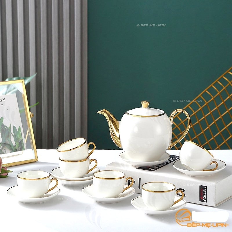 Bộ ấm chén sứ viền vàng cao cấp sang trọng sợi nhỏ