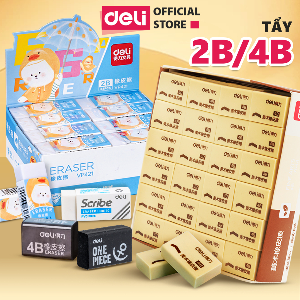 Gôm Tẩy Bút Chì 2B 4B Deli - Tẩy Sạch Sẽ, Ít Vụn, Không Mòn Giấy - Phù Hợp Cho Học Sinh, Văn Phòng, Vẽ Tranh, Phác Thảo
