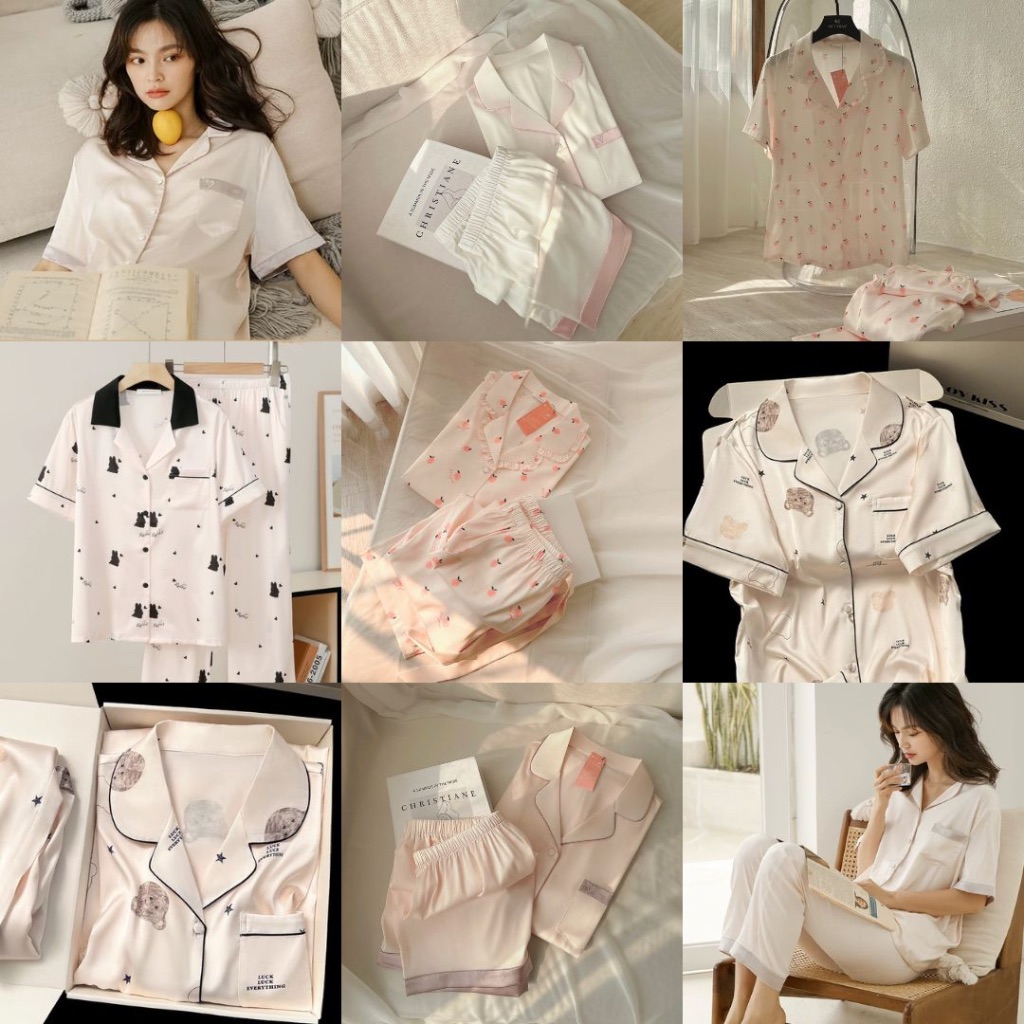 ĐỒ NGỦ  PIJAMA TAY NGẮN QUẦN DÀI NỮ LỤA SATIN CAO CẤP HOẠ TIẾT GẤU THỎ CAO CẤP MEY TRẦN