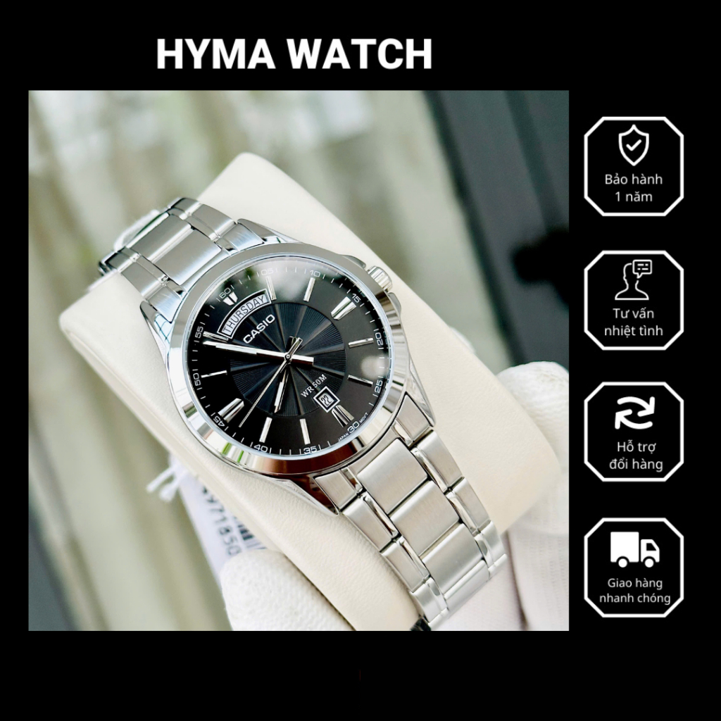 Đồng hồ nam tay dây thép sang trọng Casio MTP 1381D-1A Mặt đen chống nước 5ATM Bảo hành 1 năm Hyma w