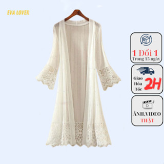  Áo khoác voan mỏng hai màu đen trắng áo khoác ngoài dáng dài tay phối ren 