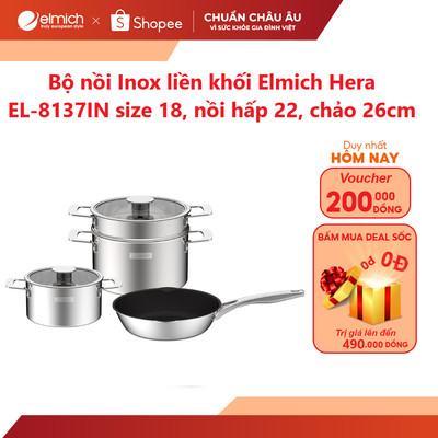Bộ nồi Inox liền khối Elmich Hera EL-8137IN size 18, nồi hấp 22, chảo 26cm