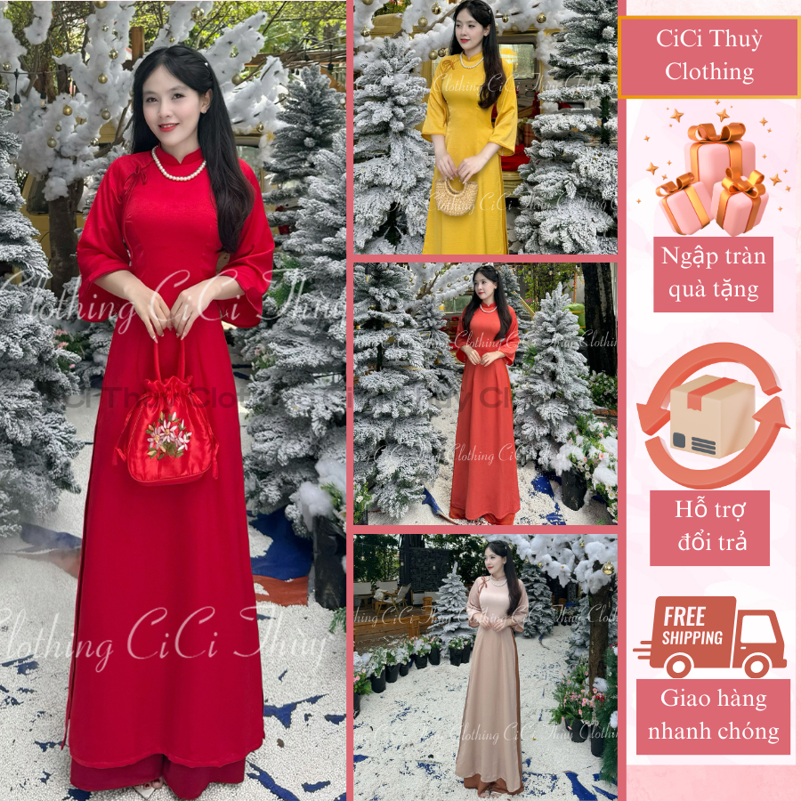 Áo Dài Tuyết Anh Chất Liệu Tây Thi Truyền Thống Phối Viền Cổ Có Nơ Áo Dài Tết - CiCi Thuỳ Clothing