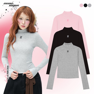 Áo thun nữ MONÁ ôm body cổ lọ dài tay thêu logo - FOXY