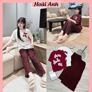 Set Bộ Đồ Nữ Áo Phông Thụng Ép Chữ Adlv Xù Nổi Mix Quần Kẻ Dạ Suông Dài Ống Rộng Freesize