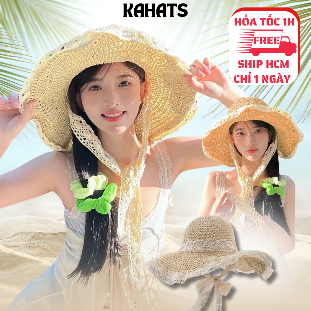 Mũ Cói Đi Biển Kahats Rộng Vành Phối Ren Xinh Xắn Cho Nữ Gấp Gọn Tiện Lợi Không Bị Mất Form | BigBuy360 - bigbuy360.vn