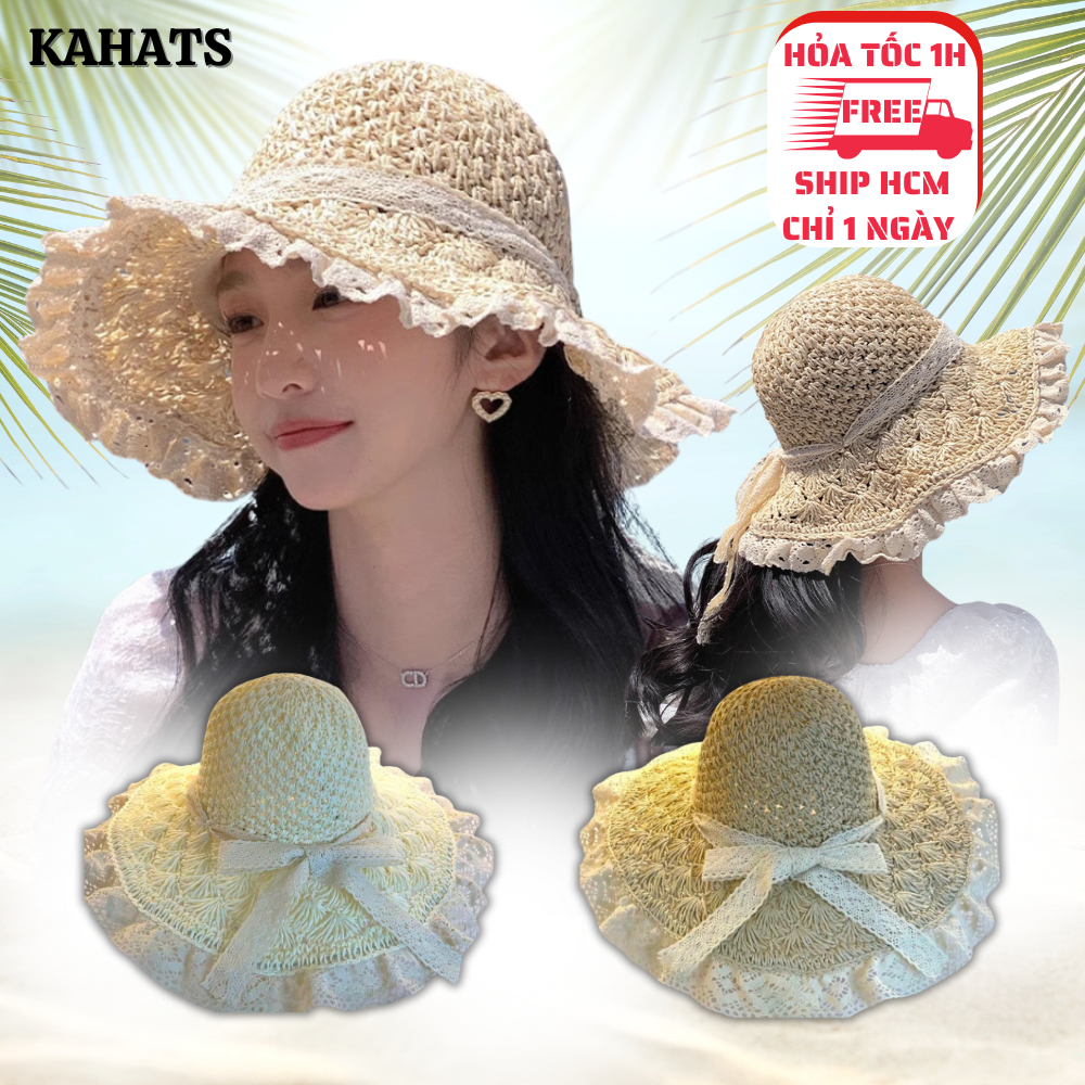 Mũ Cói Đi Biển Kahats Rộng Vành Phối Ren Xinh Xắn Cho Nữ Gấp Gọn Tiện Lợi Không Bị Mất Form | BigBuy360 - bigbuy360.vn