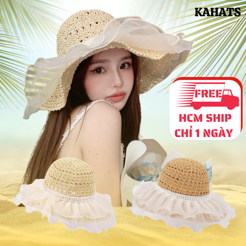 Mũ Cói Đi Biển Kahats Rộng Vành Phối Ren Xinh Xắn Cho Nữ Gấp Gọn Tiện Lợi Không Bị Mất Form | BigBuy360 - bigbuy360.vn