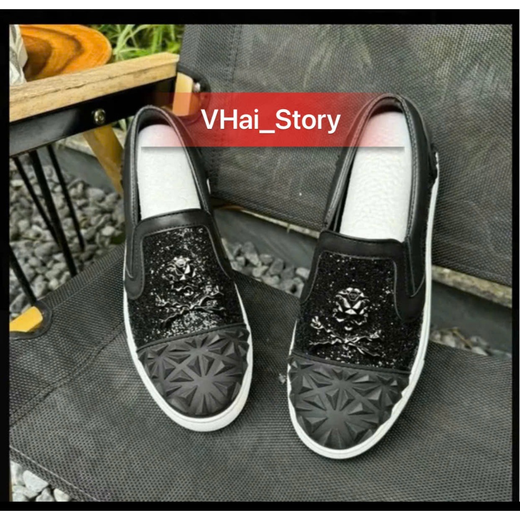 🔥Hot🔥 Giày Lười Nam Nữ CD Philipp Plein Đầu Lâu Picasso Giày Nam Nữ loang đen đế cao su