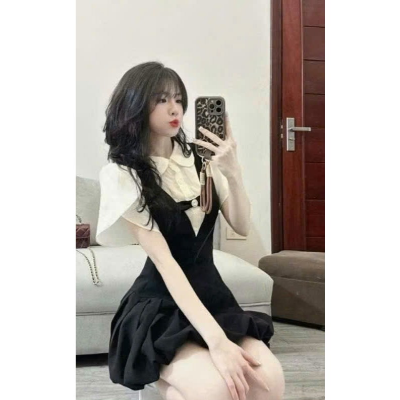 Váy Sơ Mi Tay Bồng Cổ Sen Đính Nơ Phối Yếm Xếp Ly Chéo Hàn Tiểu Thư Ảnh Thật Trải Sàn Lollaye | BigBuy360 - bigbuy360.vn