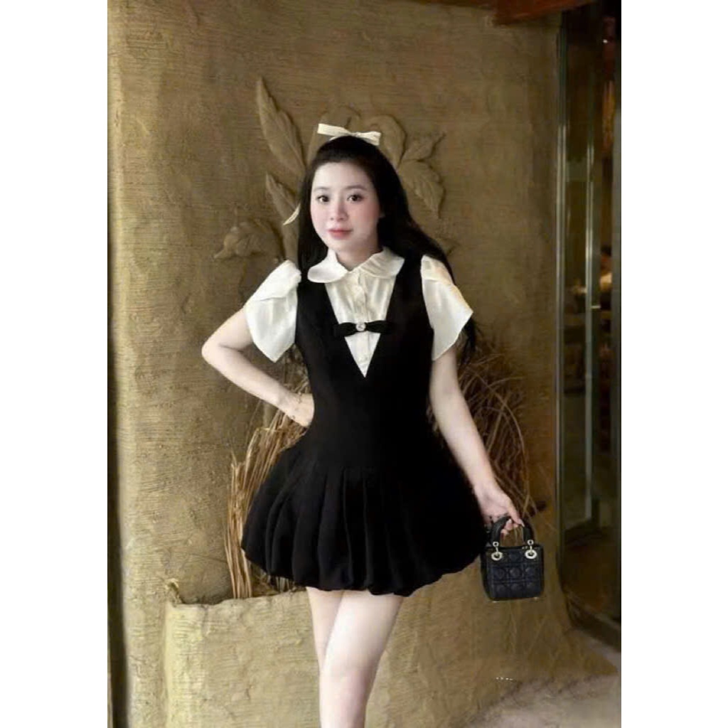 Váy Sơ Mi Tay Bồng Cổ Sen Đính Nơ Phối Yếm Xếp Ly Chéo Hàn Tiểu Thư Ảnh Thật Trải Sàn Lollaye | BigBuy360 - bigbuy360.vn