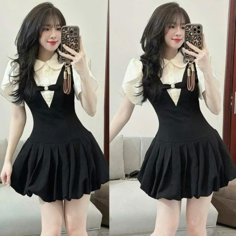 Váy Sơ Mi Tay Bồng Cổ Sen Đính Nơ Phối Yếm Xếp Ly Chéo Hàn Tiểu Thư Ảnh Thật Trải Sàn Lollaye | BigBuy360 - bigbuy360.vn