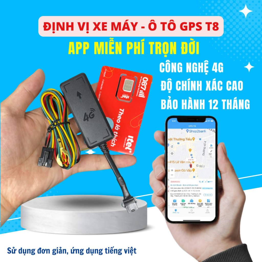 Định vị xe máy oto T8 phiên bản 4G mới 2025, app miễn phí trọn đời, vị trí chính xác, giá đại lý
