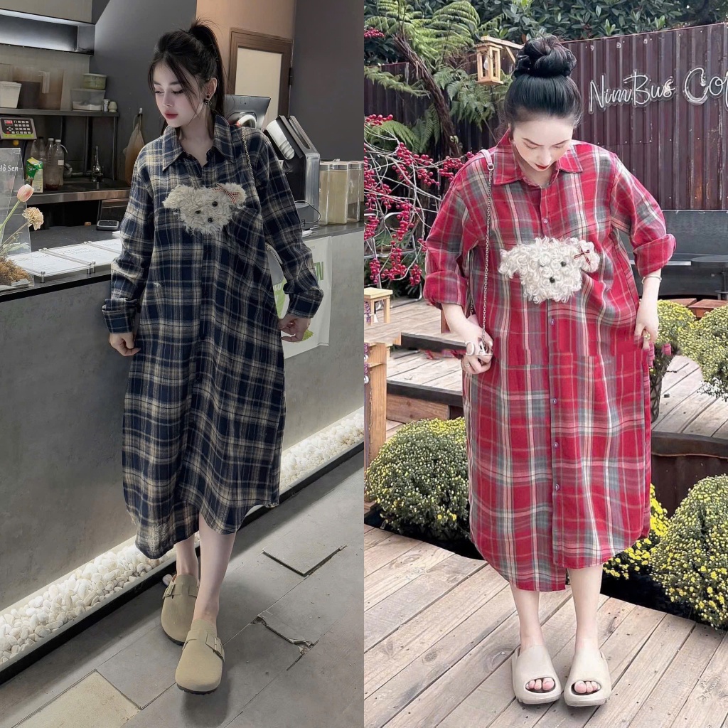 [Hàng Shop]: Váy Suông Dáng Dài Kẻ Xanh Và Đỏ Trang Trí Cún Lông Xù Hot Hit Hot Trend (Ảnh Thật Trải