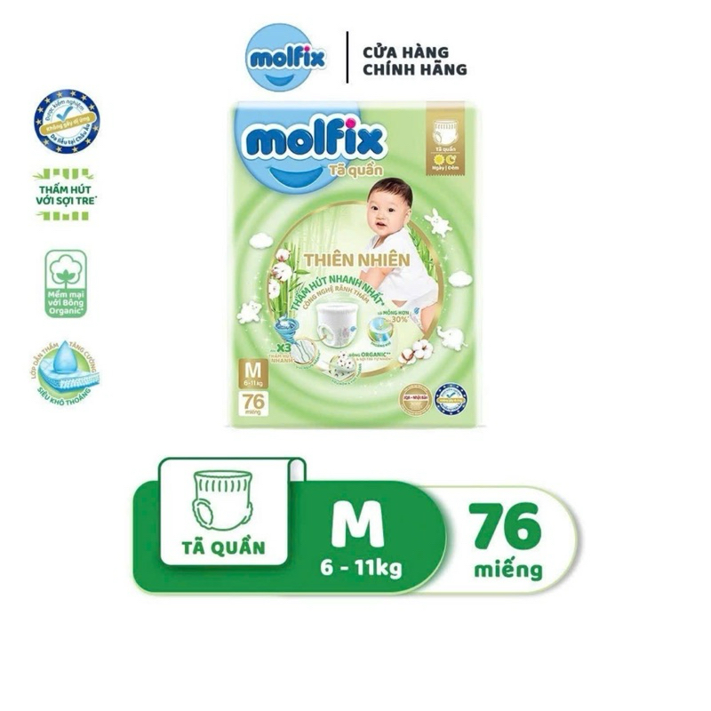 {Rẻ vô địch} Bỉm quần Molfix Thiên nhiên Ultra M74,L68,Xl62,XXL56.an toàn, thấm tốt