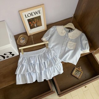 Set Đồ Nữ, Áo Sơ Mi Kẻ Croptop Cộc Tay Cổ Lá Sen Mix Chân Váy Tầng, Có Quần Bảo Hộ, Phong Cách Tiểu Thư, NM0523115