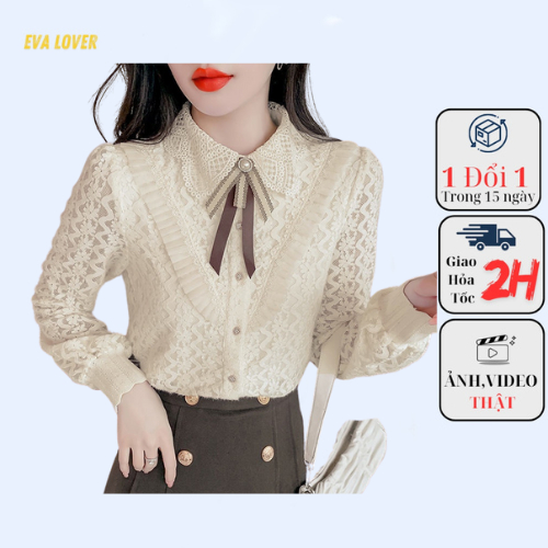 Áo sơ mi công sở nữ chất ren cổ phối nơ