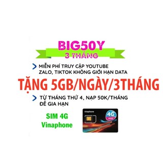 Sim 4G vina BIG50Y tặng 5gb/ngày miễn phí 3 tháng không phải nạp tien dùng toctoc yotobe fb zlo tẹt ga