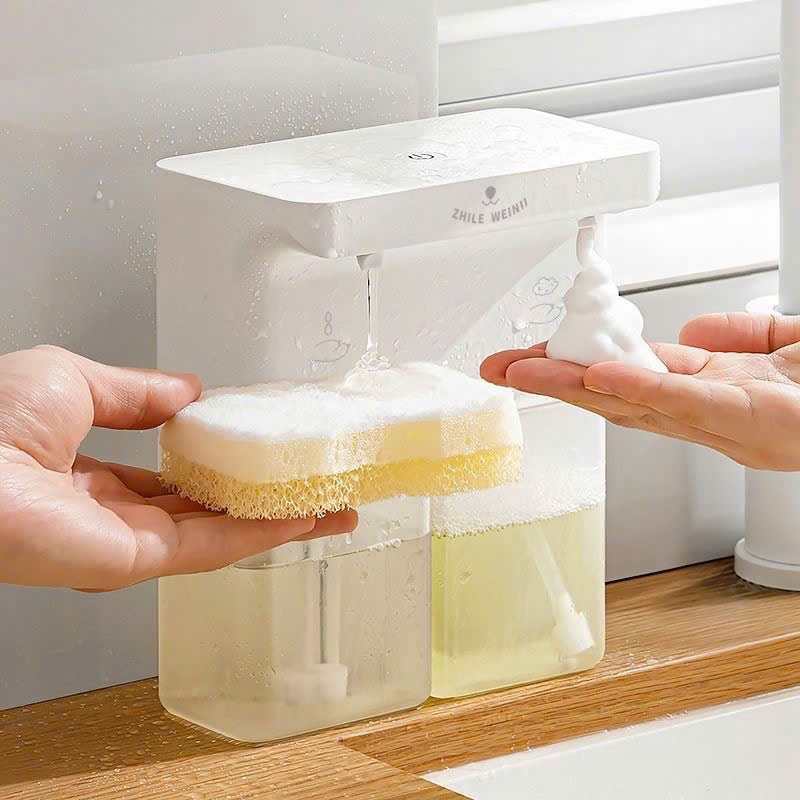 (SẴN) Máy tạo bọt rửa tay cảm ứng tự động, Máy đựng nước rửa chén hai ngăn dán tường bếp