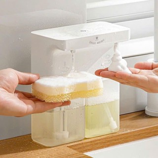 (SẴN) Máy tạo bọt rửa tay cảm ứng tự động, Máy đựng nước rửa chén hai ngăn dán tường bếp