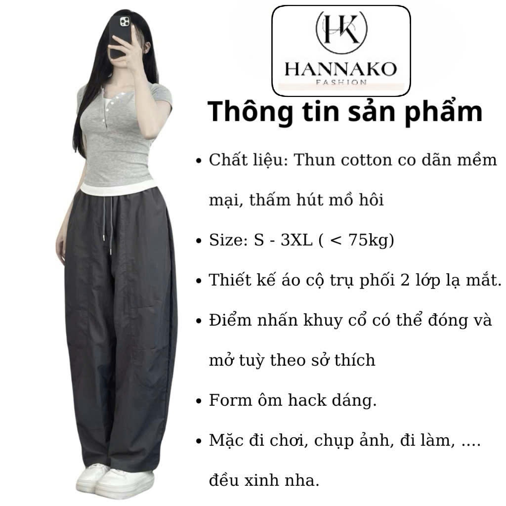 Áo Thun Cotton tăm  Cộc Tay Cổ Trụ Phối 2 Lớp Điệu Đà Form Ôm BigSize Hannako- Áo Thun Phối Basic 555 | BigBuy360 - bigbuy360.vn