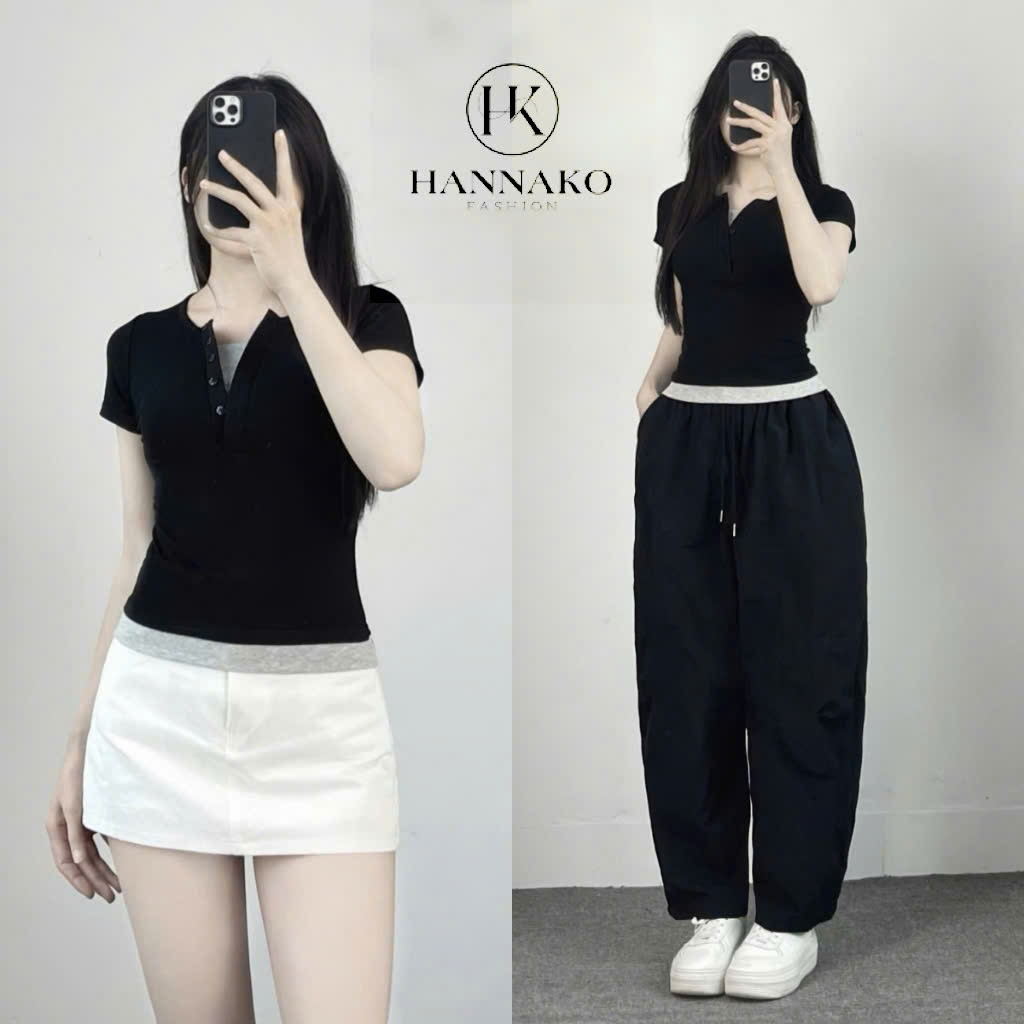 Áo Thun Cotton tăm  Cộc Tay Cổ Trụ Phối 2 Lớp Điệu Đà Form Ôm BigSize Hannako- Áo Thun Phối Basic 555 | BigBuy360 - bigbuy360.vn