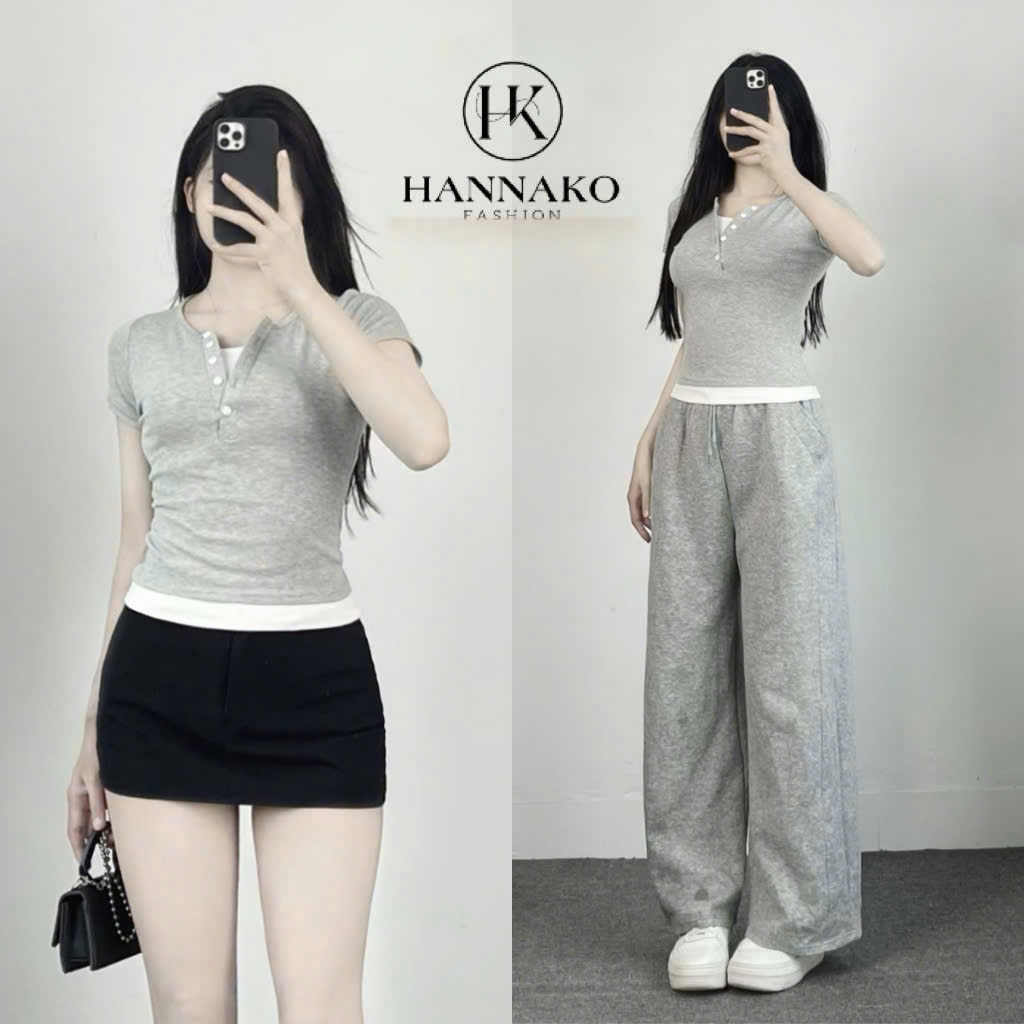 Áo Thun Cotton tăm  Cộc Tay Cổ Trụ Phối 2 Lớp Điệu Đà Form Ôm BigSize Hannako- Áo Thun Phối Basic 555 | BigBuy360 - bigbuy360.vn