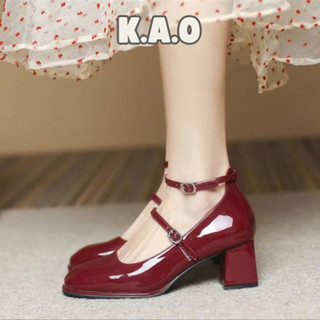 Giày Mary Jane cao gót màu đỏ, đen, giày cao gót búp bê da bóng có khóa cài M9 - Tiệm Nhà Kao
