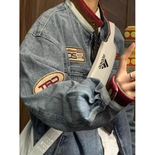 Áo khoác denim cặp đôi cổ đứng hiệu thời trang Mỹ rách rưới cho nam mùa thu vá áo khoác đua xe máy