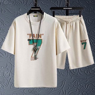 Bộ mùa hè tổ ong nam nữ bộ quần áo cộc cổ tròn mùa hè Moon Essence