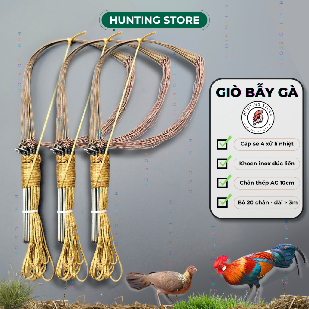 Giò bẫy gà rừng chân thép, cáp se 4 xử lí nhiệt, khoen inox đúc, bộ 20 chân