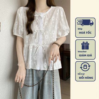  Áo babydoll kiểu nữ xinh áo ruffle hoa nhí tay phồng cổ tròn kiểu nữ Hàn Quốc tiểu thư mặc hè hot trend 2025 kiểu lạ 