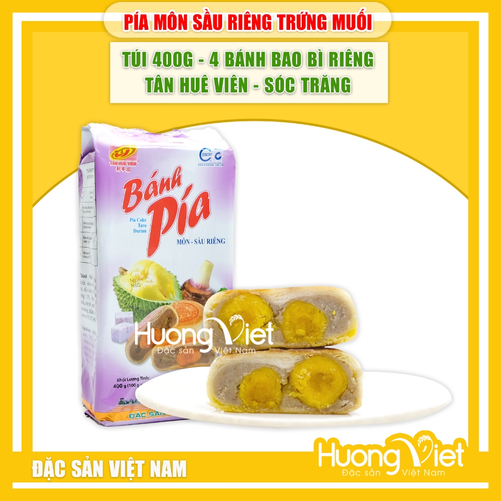 Bánh pía khoai môn sầu riêng trứng muối 400g, bánh pía Sóc Trăng Tân Huê Viên vị truyền thống [TÚI 4 BÁNH]