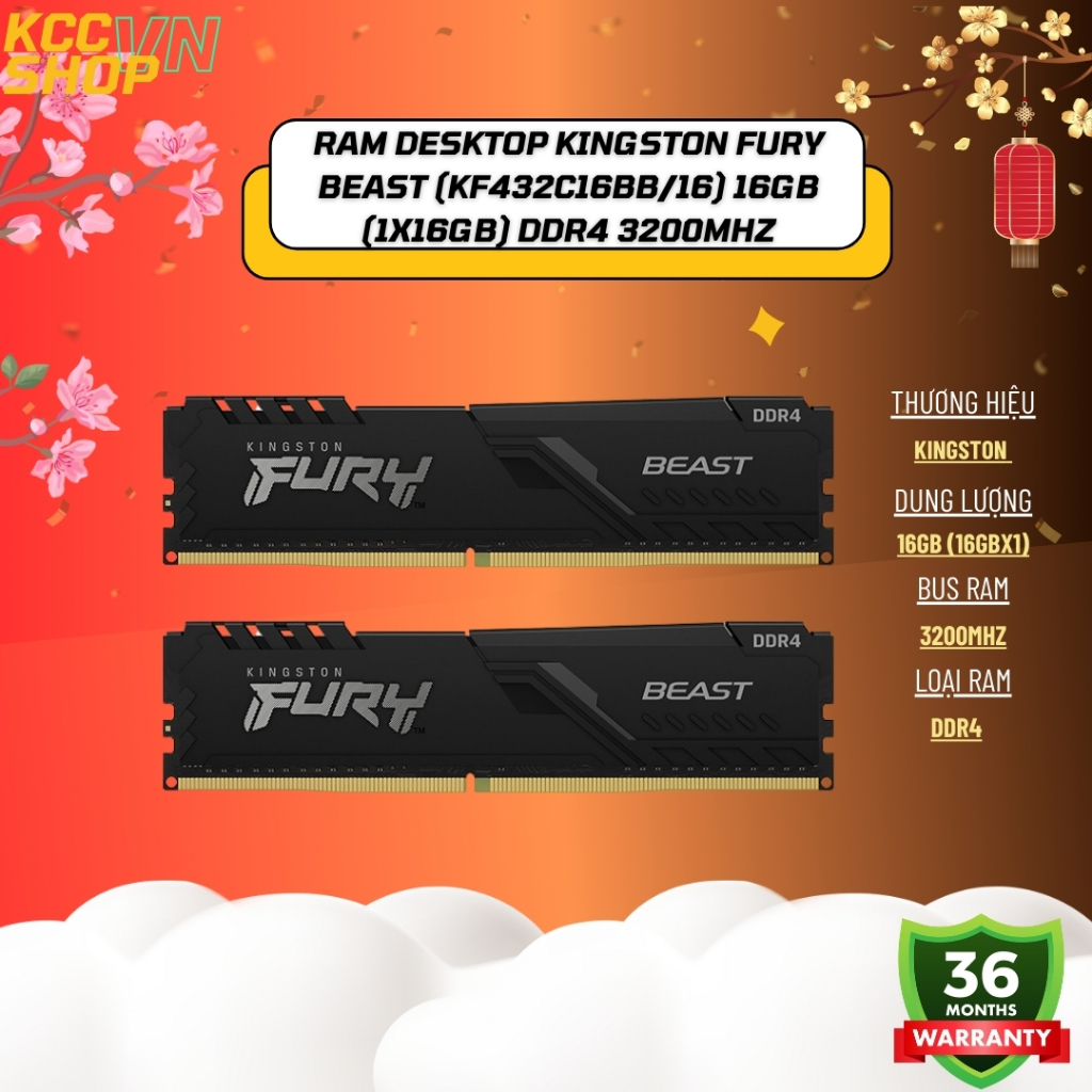  Ram Desktop Kingston Fury Beast  KF432C16BB 16  16GB  1x16GB  DDR4 3200Mhz - Bảo Hành 36 Tháng 