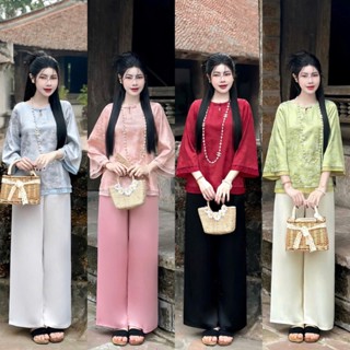 Ms49 Set đồ lam đi chùa nữ cổ tròn giọt lê, Pháp phục lễ chùa vải gấm hàn châu họa tiết đình chùa