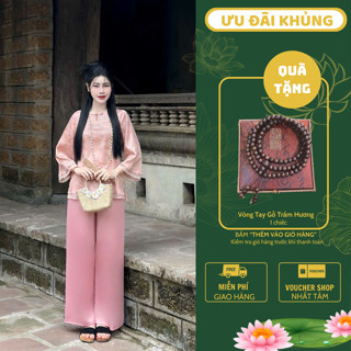  Ms49 Set đồ lam đi chùa nữ cổ tròn giọt lê Pháp phục lễ chùa vải gấm hàn châu họa tiết đình chùa 