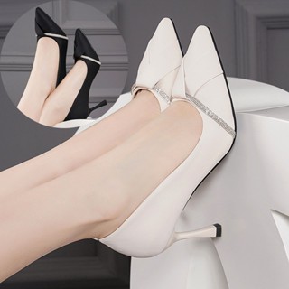  Giày cao gót nữ 7 phân gót nhọn bít mũi công sở kết kim tuyến đen mảnh chéo chân da trơn mềm - CG848 