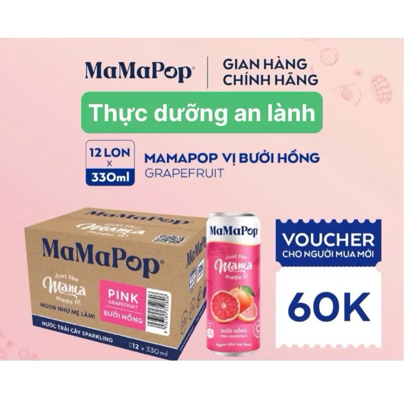 THANH LÝ XẢ KHO NƯỚC TRÁI CÂY SPARKLING MAMAPOP VỊ BƯỞI HỒNG (12 lon x330ml)- NGON NHƯ MẸ LÀM
