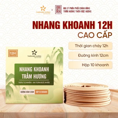 Nhang Vòng Trầm Hương 12H Thiên Mộc Hương (10 Khoanh) - Nhang Trầm Sạch Thờ Cúng, Hương Vòng Thơm Dịu Nhẹ 12cm