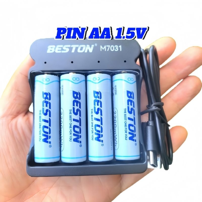 Combo 4 pin sạc AA 2200mwh Beston chuẩn 1.5V kèm sạc M7031 2 cổng micro/type-C Sạc nhanh Tự ngắt