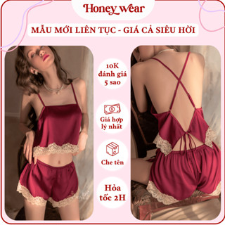  Bộ Đồ Ngủ Lụa Satin Phối Ren 2 Dây Mặc Nhà Nữ Phong Cách Gợi Cảm Honey Wear Áo Hở Lưng Cổ V Mềm Mại B04 